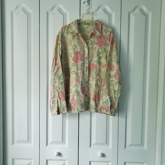 Sigrid Olsen Pastel Floral Linen Button Front Blouse L Boho Norm Core Classic - Picture 2 of 10